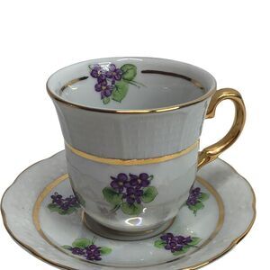 Antique Thun Karlovarsky Mug Czech 1794 Cup and Saucer Lilac Gold J.N. Handpaint